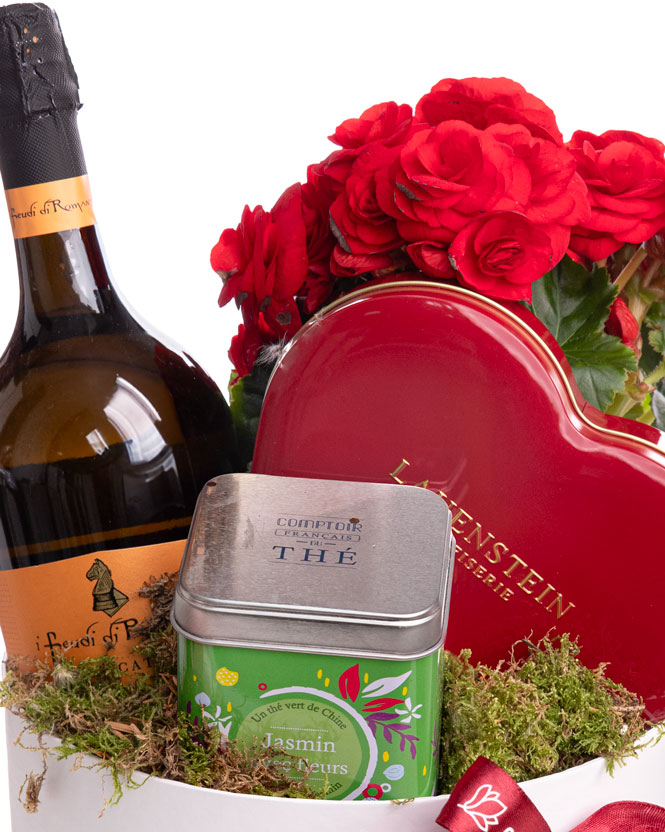 Gift box with Begonia, Sparkling Wine, Chocolate and Tea