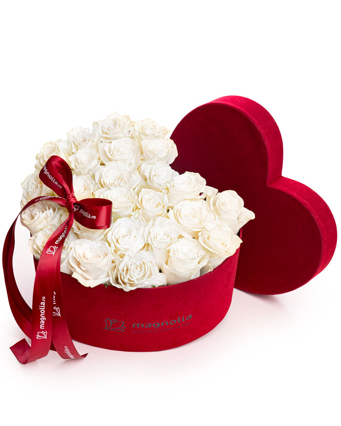 White roses in heart box