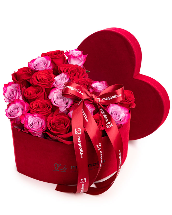 Heart box with purple and red roses