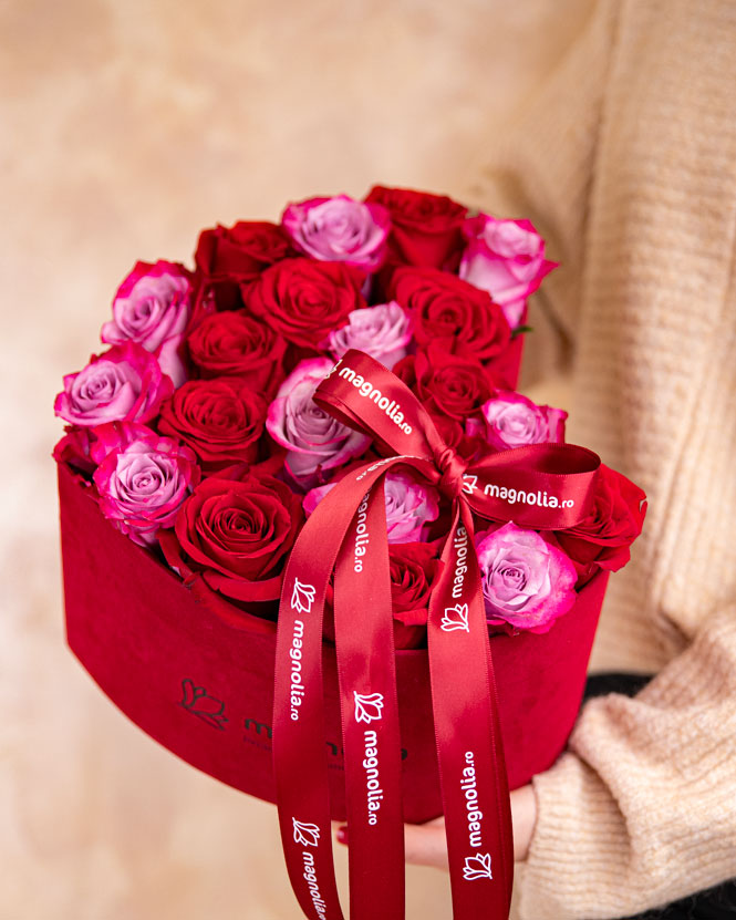 Heart box with purple and red roses