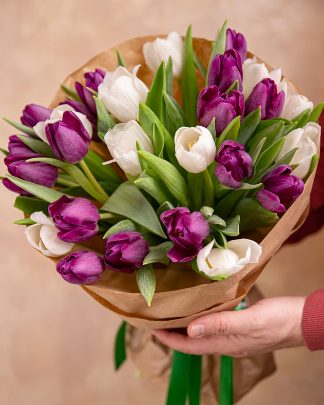 Purple and white tulip bouquet