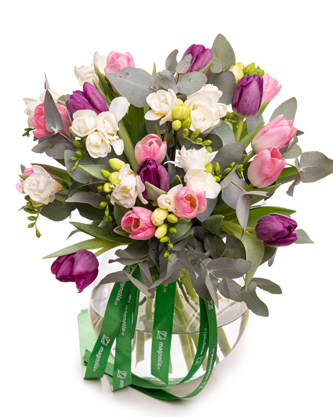 Bouquet with tulips and freesias and greenery