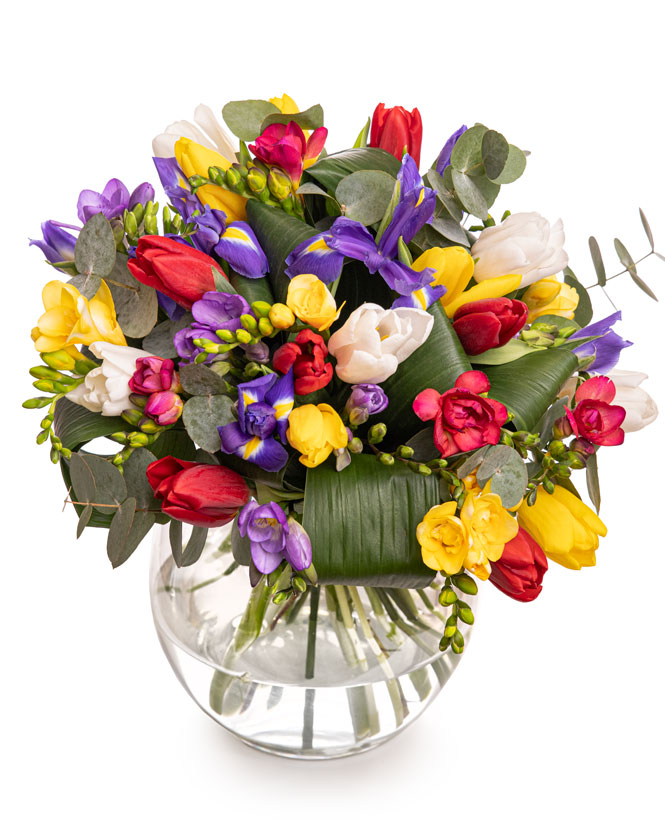 Bouquet with tulips, irises and freesias