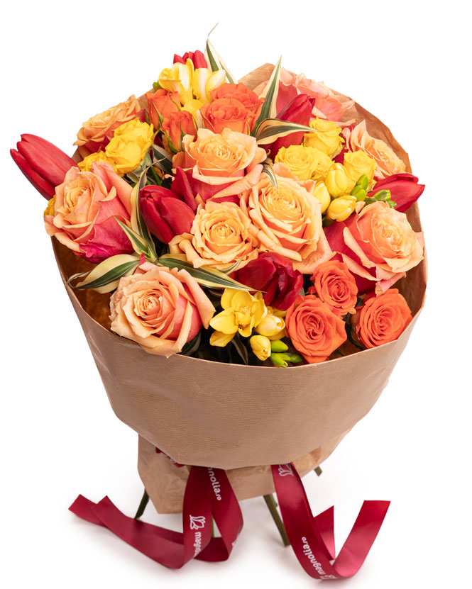 Bouquet of orange roses and red tulips