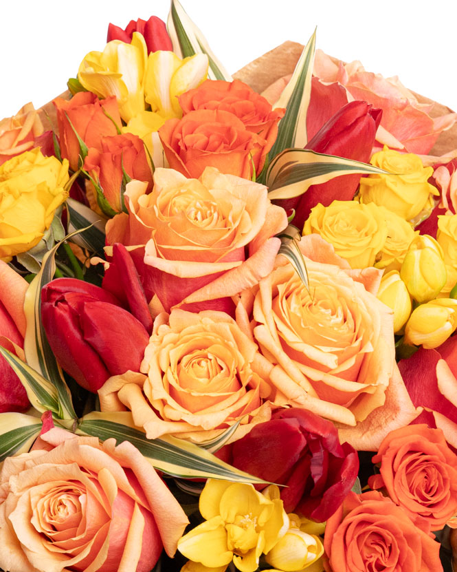 Bouquet of orange roses and red tulips