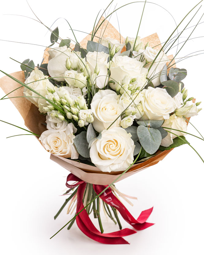 White roses bouquet with eustoma and greenery