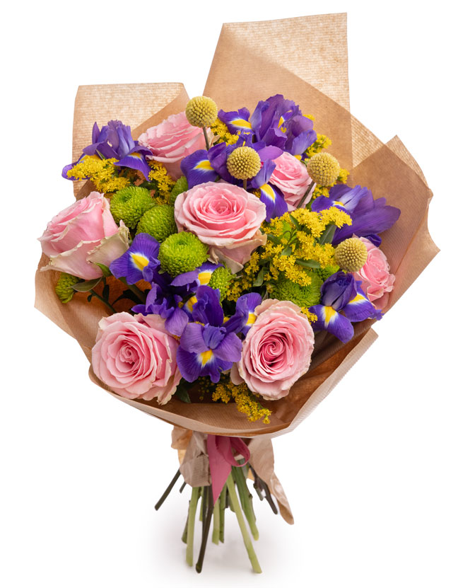 Bouquet of pink roses and irises