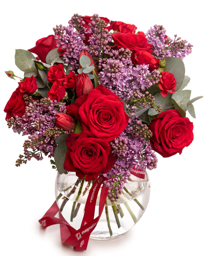 Lilac and red rose bouquet
