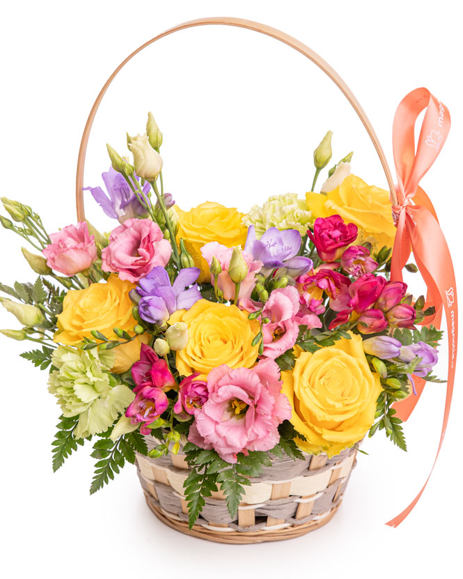 Freesias and roses basket arrangement