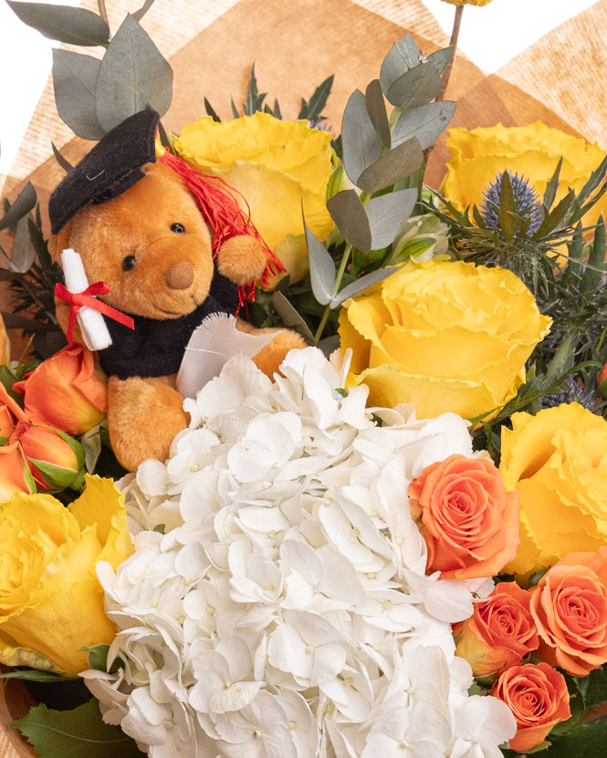 Graduation bouquet with yellow roses and hydrangeas