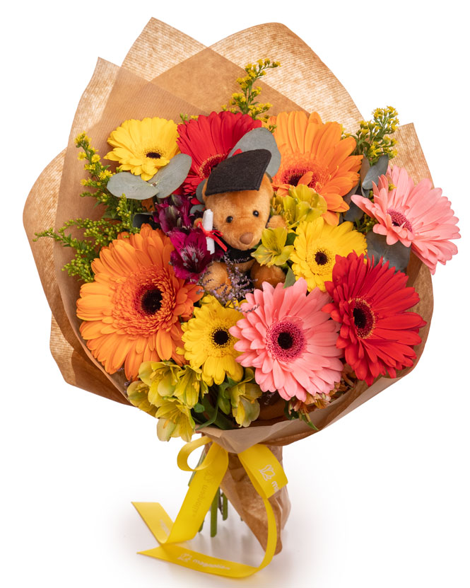 Graduation bouquet with colorful flowers and accessories