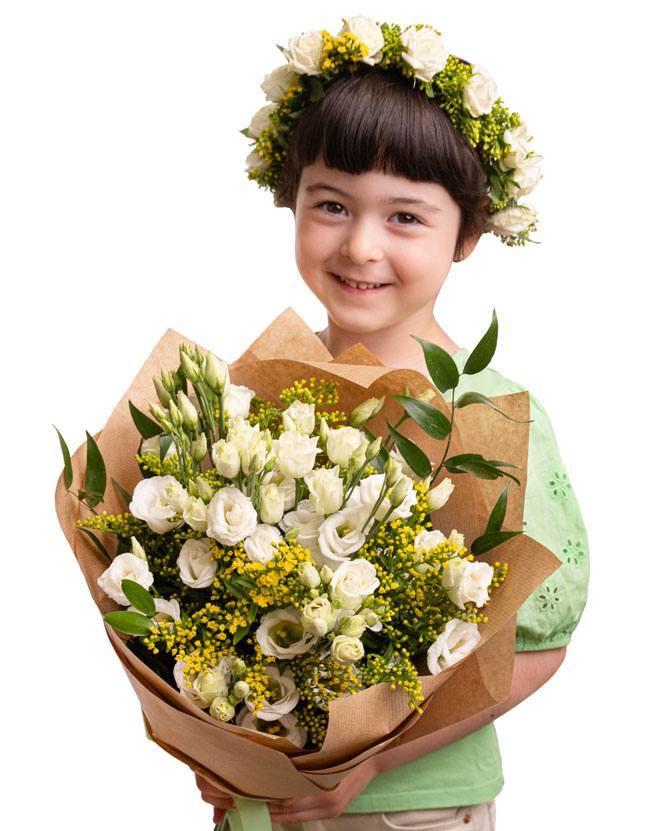 Coroniță din flori albe și buchet pentru premierea școlară