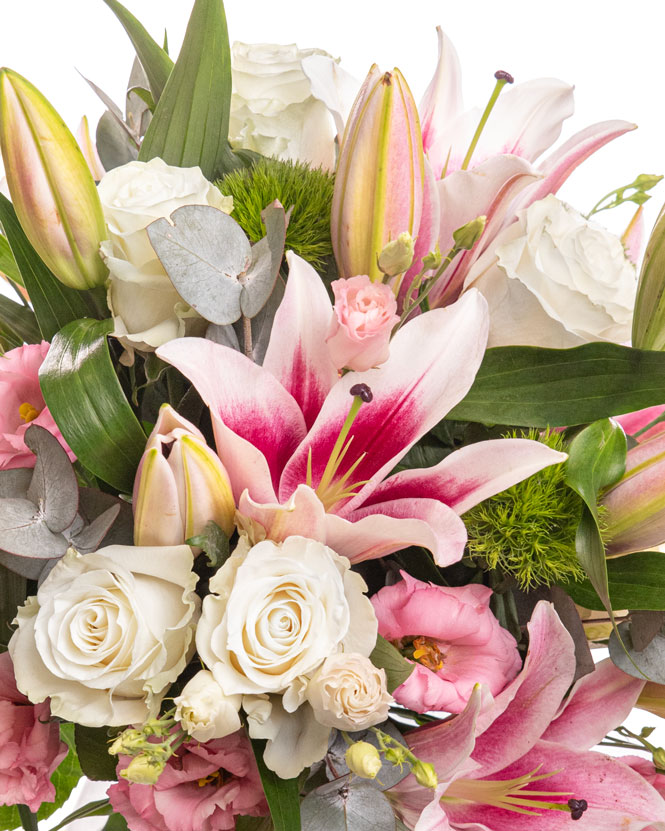 Bouquet with roses, imperial lilies, eustoma