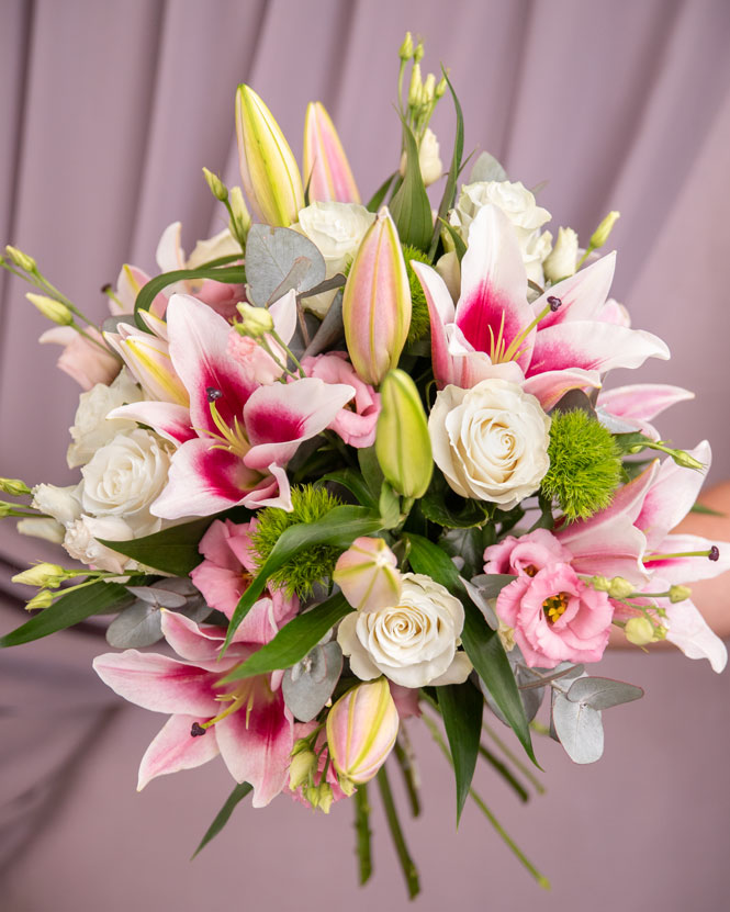 Bouquet with roses, imperial lilies, eustoma