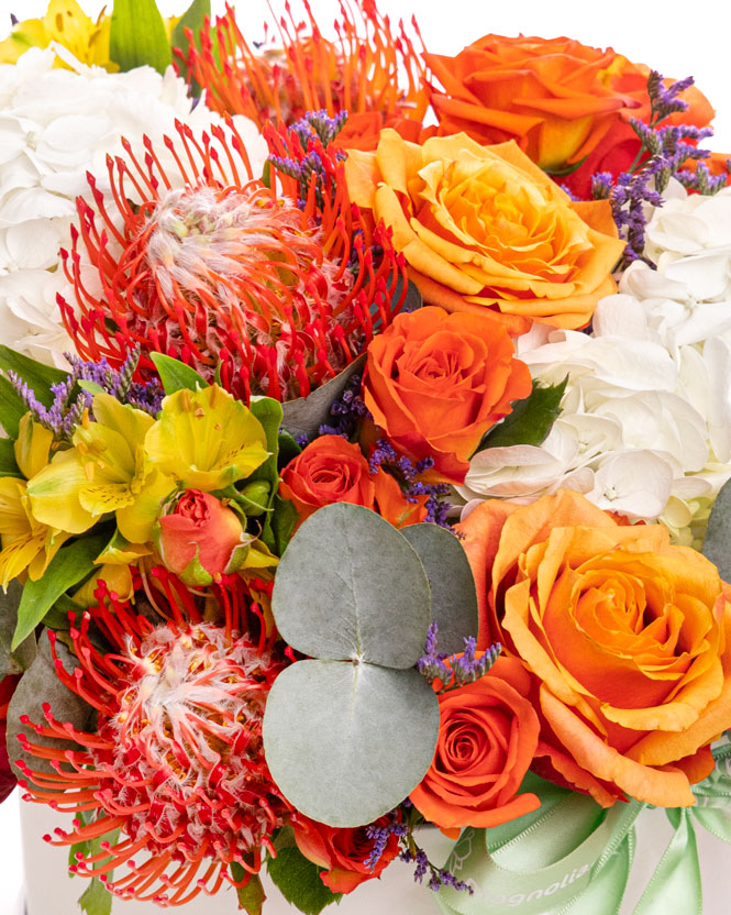 Floral arrangement with roses and hydrangeas