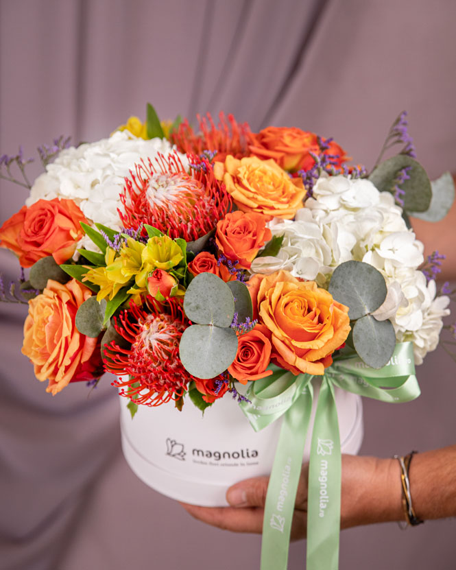 Floral arrangement with roses and hydrangeas