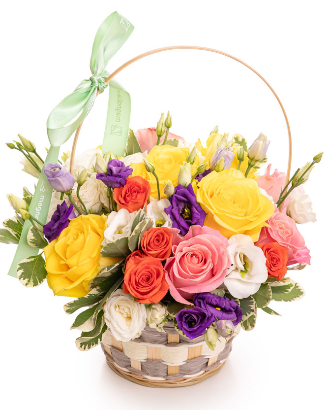 Basket with colored roses