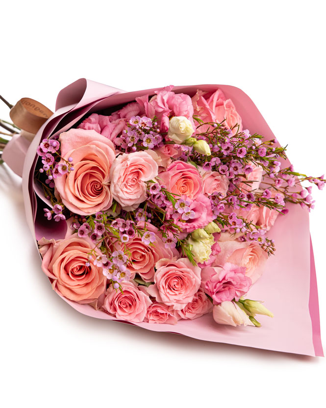 Buchet trandafiri roz și eustoma