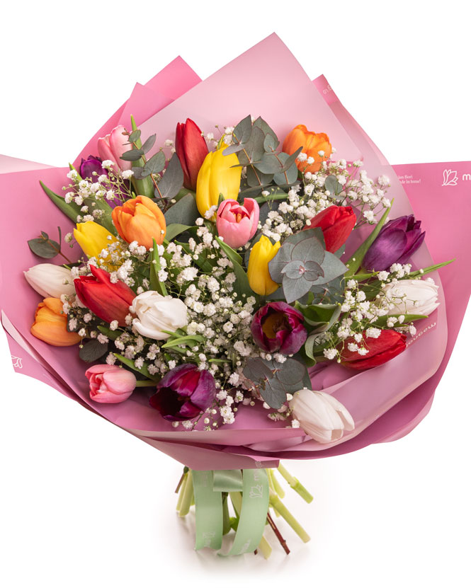 Buchet cu lalele colorate şi gypsophila