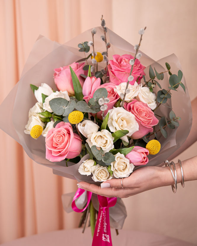 Rose and Tulip Bouquet with Willow Branches