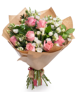 Buchet trandafiri roz și eustoma