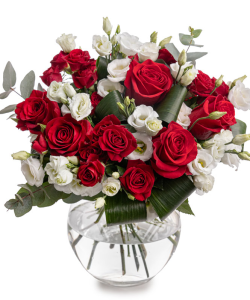 Buchet cu trandafiri, eustoma şi aspidistra