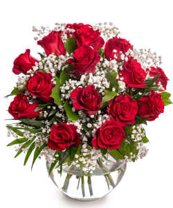 Buchet cu trandafiri roşii şi gypsophila
