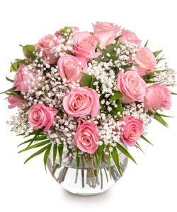 Buchet cu trandafiri roz şi gypsophila