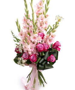 Buchet gladiole și trandafiri mov