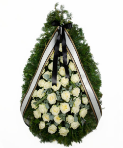 Coroana funerara cu trandafiri albi