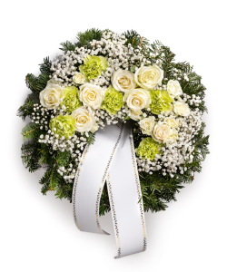 Jerbă funerară cu trandafiri albi și garoafe