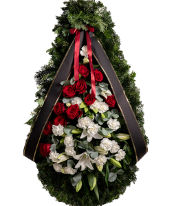 Coroană funerară cu crini si trandafiri roșii