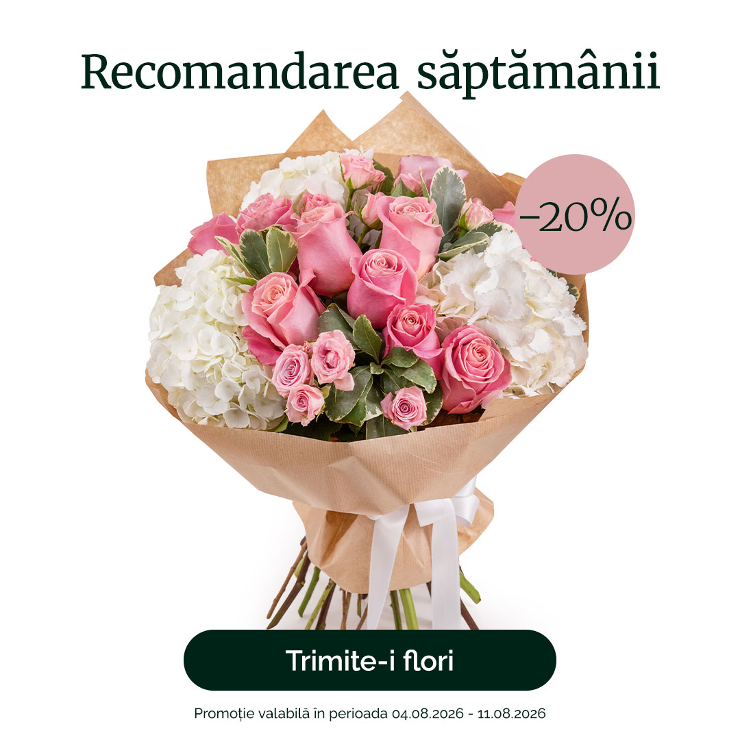 Buchet cu trandafiri roz și hortensie albă – recomandarea săptămânii