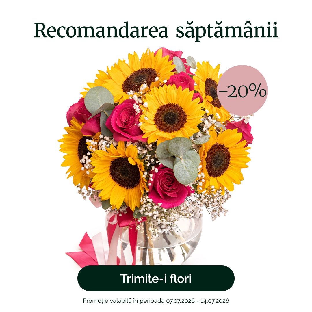 Buchet floarea-soarelui și trandafiri roz – recomandarea săptămânii