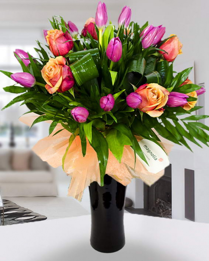 Bouquet with violet tulips, orange roses and aspidistra – imaginea 1