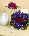 Bouquet with irises, tulips and one Grand Prix red rose – imaginea 1