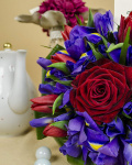 Bouquet with irises, tulips and one Grand Prix red rose – imaginea 2