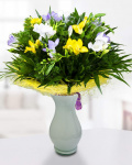 Bouquet with 17 colorful freesias, asparagus and chico – imaginea 1