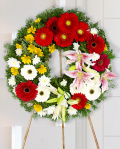 Jerbă cu gerbera albă, roșie şi crini – imaginea 1