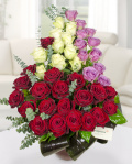 Arrangement with red, pink and white roses – imaginea 2