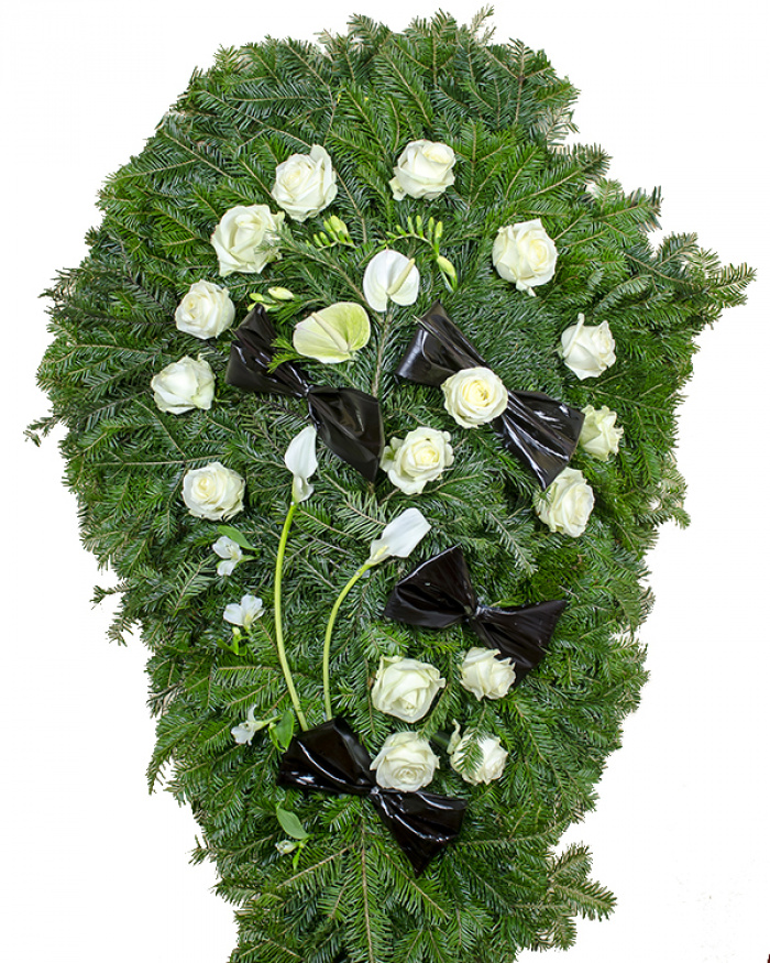 Coroană funerară cu anthurium, cale şi trandafiri – imaginea 1