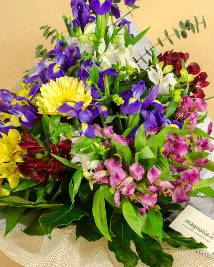 Buchet irişi, alstroemeria şi gerbera – imaginea 2