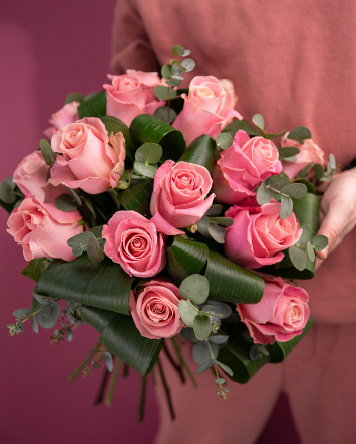 Bouquet with pink roses and eucalyptus