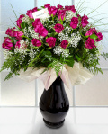 55 Pink roses bouquet with gypsophilla and beargrass – imaginea 1