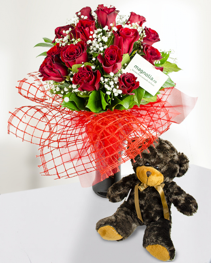 15 red roses bouquet and a teddy bear – imaginea 1