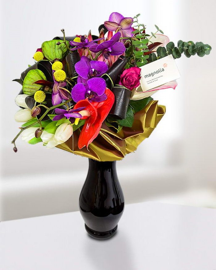 Buchet protea, phalaenopsis şi craspedia – imaginea 1