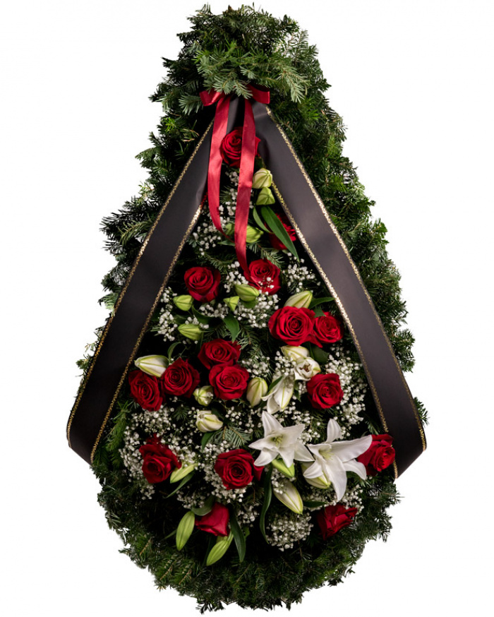 Coroană funerară cu crini şi trandafiri – imaginea 1