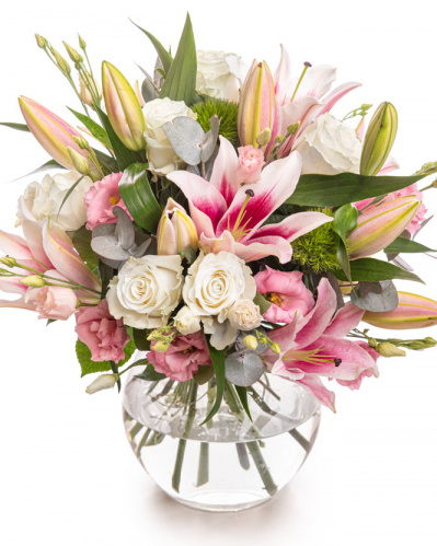Buchet trandafiri, crini, eustoma