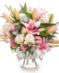 Bouquet with roses, imperial lilies, eustoma