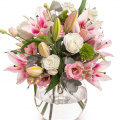 Buchet trandafiri, crini, eustoma